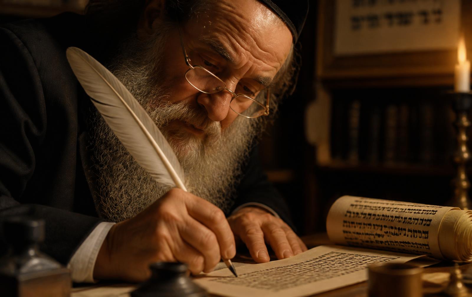 סופר סת״ם כותב קלף מזוזה בנוצה